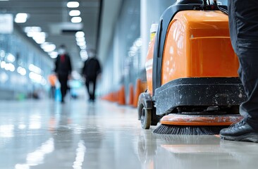 Orange floor cleaning machine with person, polished floor, hallway