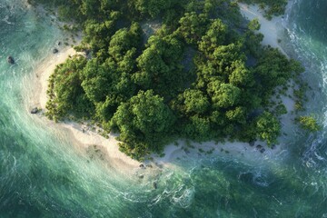 Aerial view of a small, lush green island surrounded by clear turquoise ocean