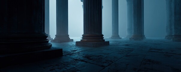Eerie, ancient hall with towering columns shrouded in mist