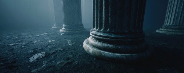 Ancient stone columns stand in a dark, misty, cavernous space