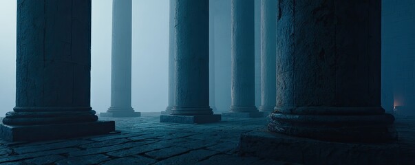 Eerie blue-tinged ancient pillars rise from a stone floor in heavy mist