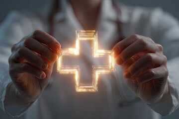 Hands holding a glowing, three-dimensional medical cross symbol