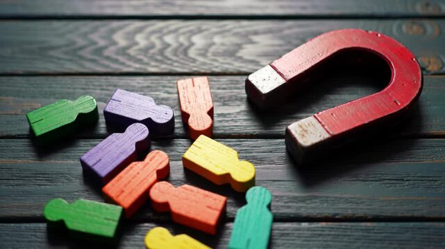 Red magnet attracting colorful wooden figures. Recruitment concept. Human resources management, attracting talent. Wooden background. Bright lighting. 
