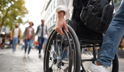 Person using a wheelchair on a city street, with others walking