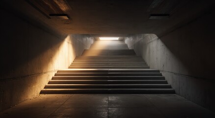 Concrete stairs ascend into bright, luminous light from a dark passage