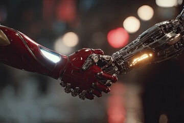 Two metallic hands, one armored red, the other intricate silver, clasping