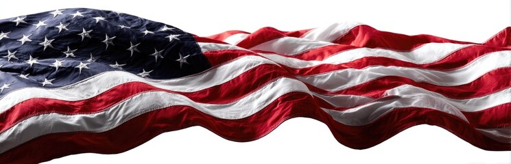 Waving stars and stripes fabric in detailed close-up against a white background