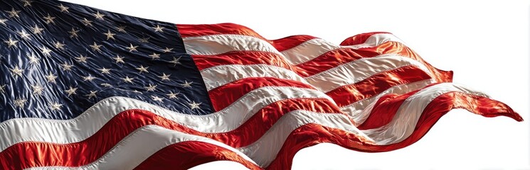 A close-up shot of an American flag waving majestically against a stark white background