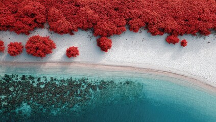 Aerial view of a vibrant, red-foliaged forest meeting a white sand beach and turquoise sea