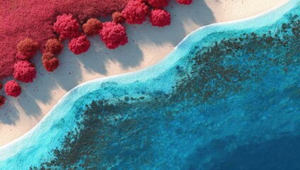Aerial view of a vibrant pink forested coastline meeting turquoise ocean waters
