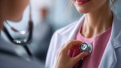 Healthcare professional in white coat uses stethoscope to listen to a patient's heart