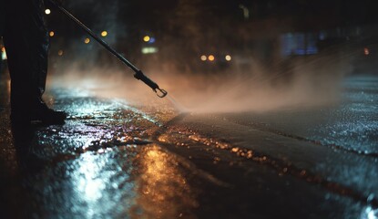 Nighttime street cleaning with high-pressure water spray