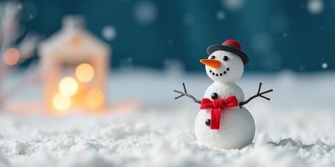 Miniature snowman with carrot nose in snowy scene, minimalist decor, whimsical snowman, orange