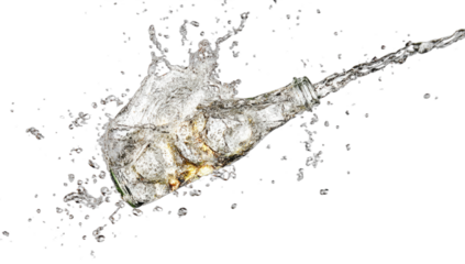 Clear liquid splashes explosively from a falling glass bottle