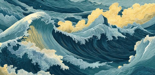 Roiling blue waves crash with foamy crests under a sky of yellow clouds