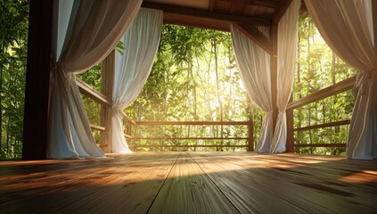 Tranquil wooden deck with draped curtains overlooking lush green forest