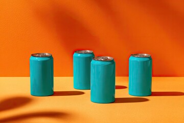 Four teal cans casting shadows on orange and yellow surfaces
