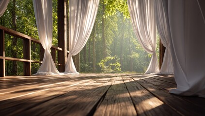 Sunlit wooden deck framed by flowing white curtains, opening to forest