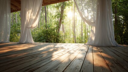 Sunlit wooden deck with flowing white curtains opens to lush green forest