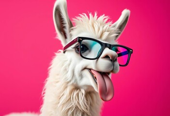 Playful llama with black glasses, tongue out, vibrant pink background, vibrant, mischievous