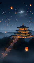 Fototapeta premium Serene Asian Pagoda Illuminated by Floating Lanterns at Night.