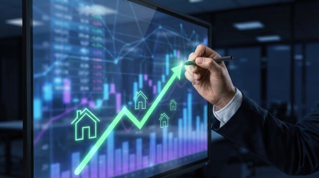 Businessman pointing at a glowing green upward trend graph with house icons on a digital screen finance - Powered by Adobe