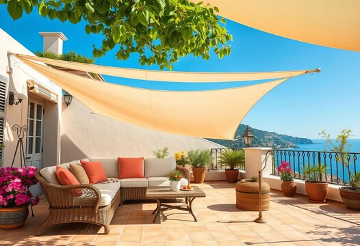 Relaxing white sail shade over Italian terrace sofa, Mediterranean, lifestyle