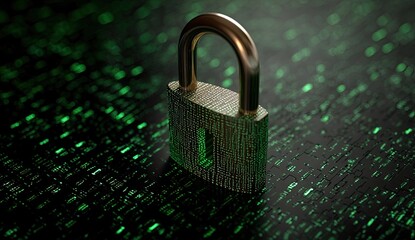 A golden padlock rests on a dark background with glowing green binary code