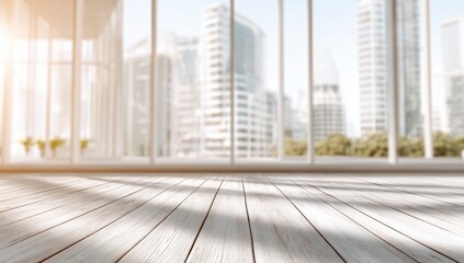 Bright, sunlit modern office interior with wooden floor and city skyline