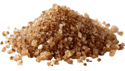 A pile of granular brown sugar crystals on a black background