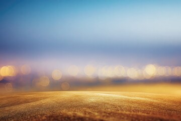 Soft golden earth meets blurry twilight lights against a gradient sky