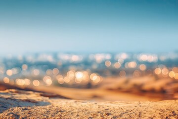 Softly blurred city lights glow under a soft blue sky, warm textured foreground