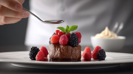 Chef garnishing a gourmet dessert with fresh berries on a sleek plate, showcasing fine dining artistry and culinary expertise