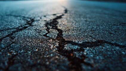 Close-up of a cracked asphalt road surface with a shallow depth of field