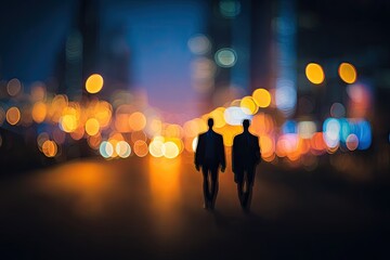 Two silhouetted figures walk down a blurry, bokeh-lit city street at night