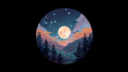 Circular night landscape, moonlit scene
