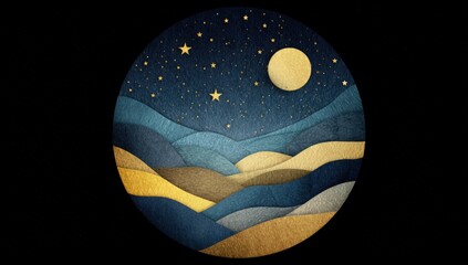 Circular illustration of a night landscape with layered mountains and a moon