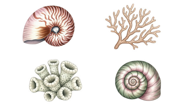 Vibrant marine fossils including nautilus shells and coral isolated on transparent background