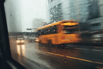 Raindrops on windowpane obscure a blurred yellow bus and streetlights
