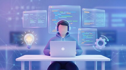Person wearing headphones at a laptop with holographic code screens and a glowing idea bulb coding programming