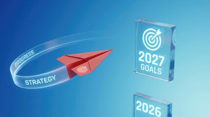 Red paper airplane with strategy and progress labels on a blue background, approaching transparent blocks with target and year numbers