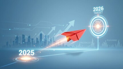Red paper airplane soaring over a futuristic cityscape towards a target labeled 2026 target with goals and success icons