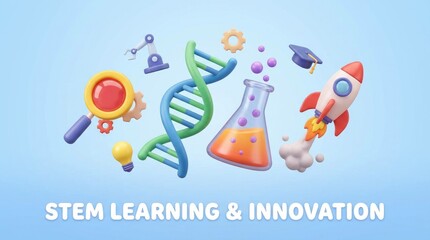 STEM Learning and Innovation with icons of robot arm DNA flask rocket magnifying glass and graduation cap
