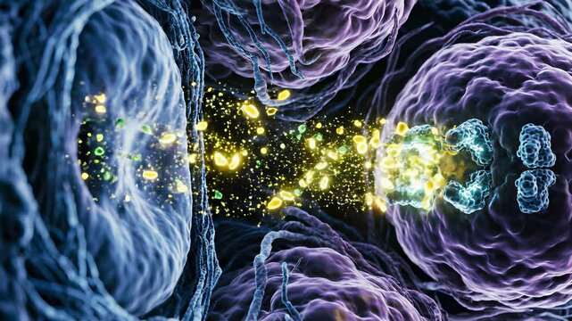 Microscopic View of Neurotransmitters Released from Synaptic Vesicles Transmitting Signals Between Neurons in a Stunning, Vibrant Biological Visualization