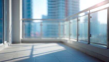 Sunny balcony with city view, glass railing, and tiled floor