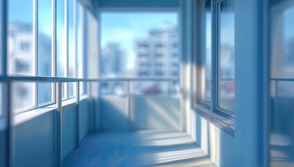 Sunlit empty balcony with blurred urban buildings in background