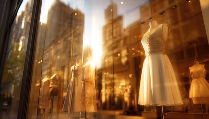 Store window display of elegant dresses bathed in golden sunlight