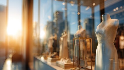 Elegant dresses displayed in a sunlit storefront window