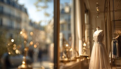 Elegant dress on mannequin inside a bright, sunlit boutique window