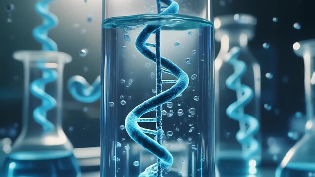 DNA strands floating in a transparent fluid chamber in a clean biotech laboratory environment